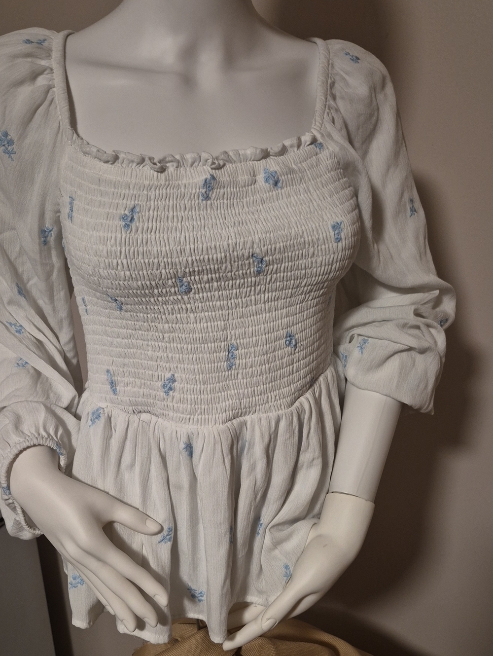 torrid White Long-Sleeve Smocked Dress with Light Blue Floral